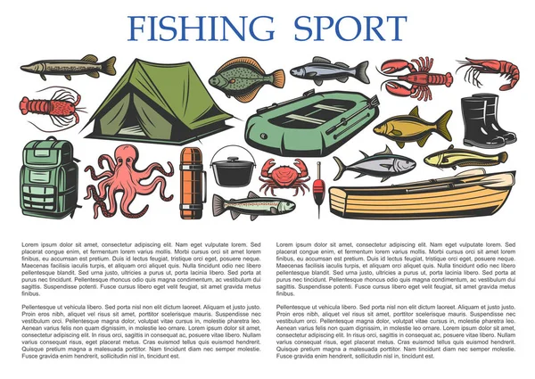 Equipamiento deportivo de pesca, aparejos de captura de pescadores — Archivo Imágenes Vectoriales