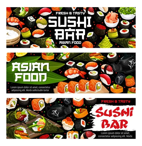 Japonês sushi bar, rolos maki e pratos sashimi —  Vetores de Stock
