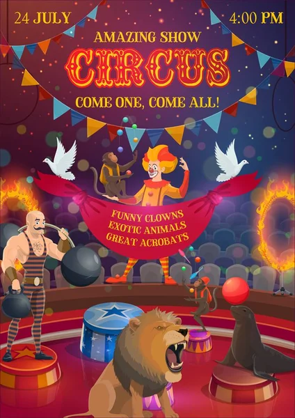 Chapiteau circo show, artistas e animais — Vetor de Stock