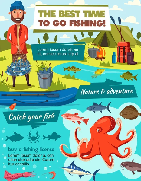 Fiske sport och fisher fånga tacklingar utrustning — Stock vektor