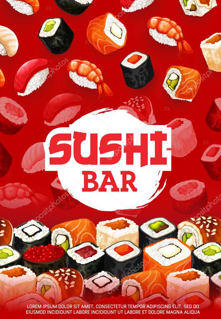 Sushi bar menu, unagi maki and sashimi rolls