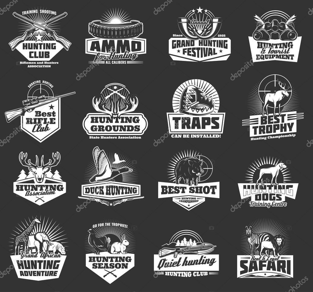 Hunting sport, hunter ammo and hunt trophy animals heraldic icons. Vector hunting club badges, African safari lion, elephant or zebra and giraffe, rabbit with grouse, duck and hog with rifle and trap