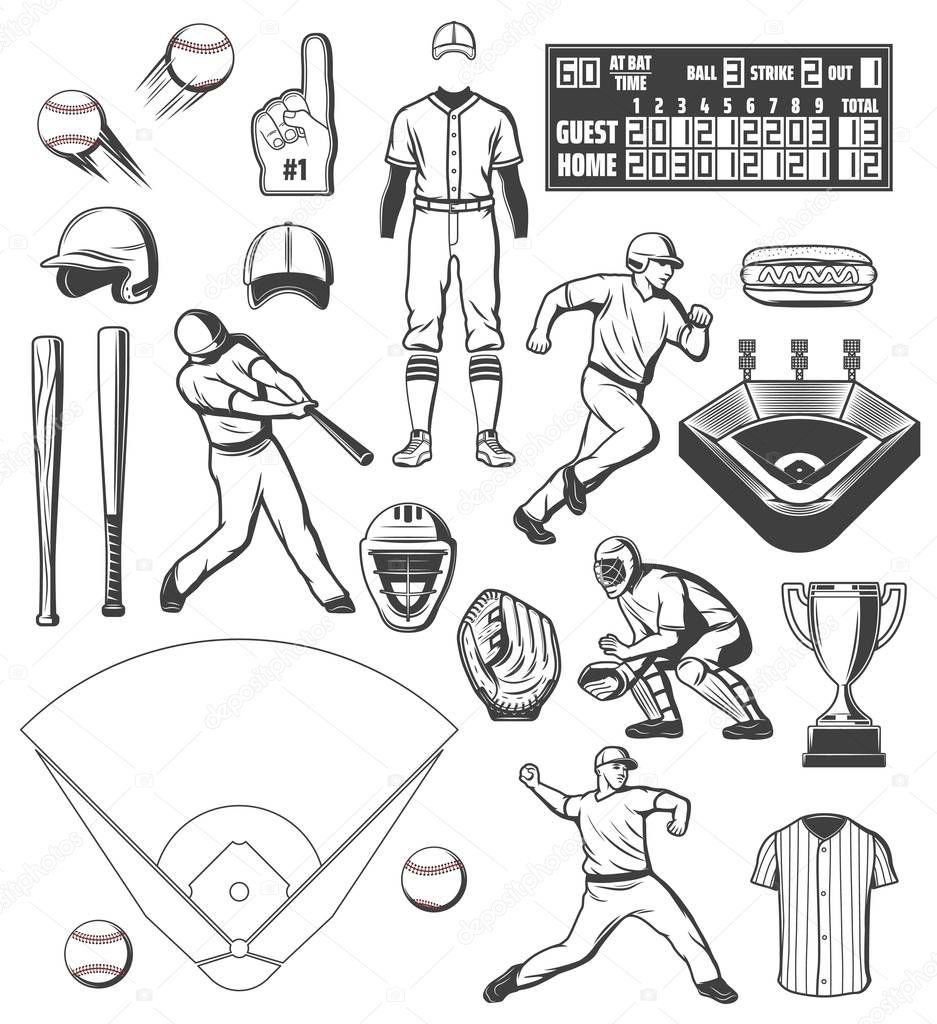 Baseball sport equipment and players outfit icons