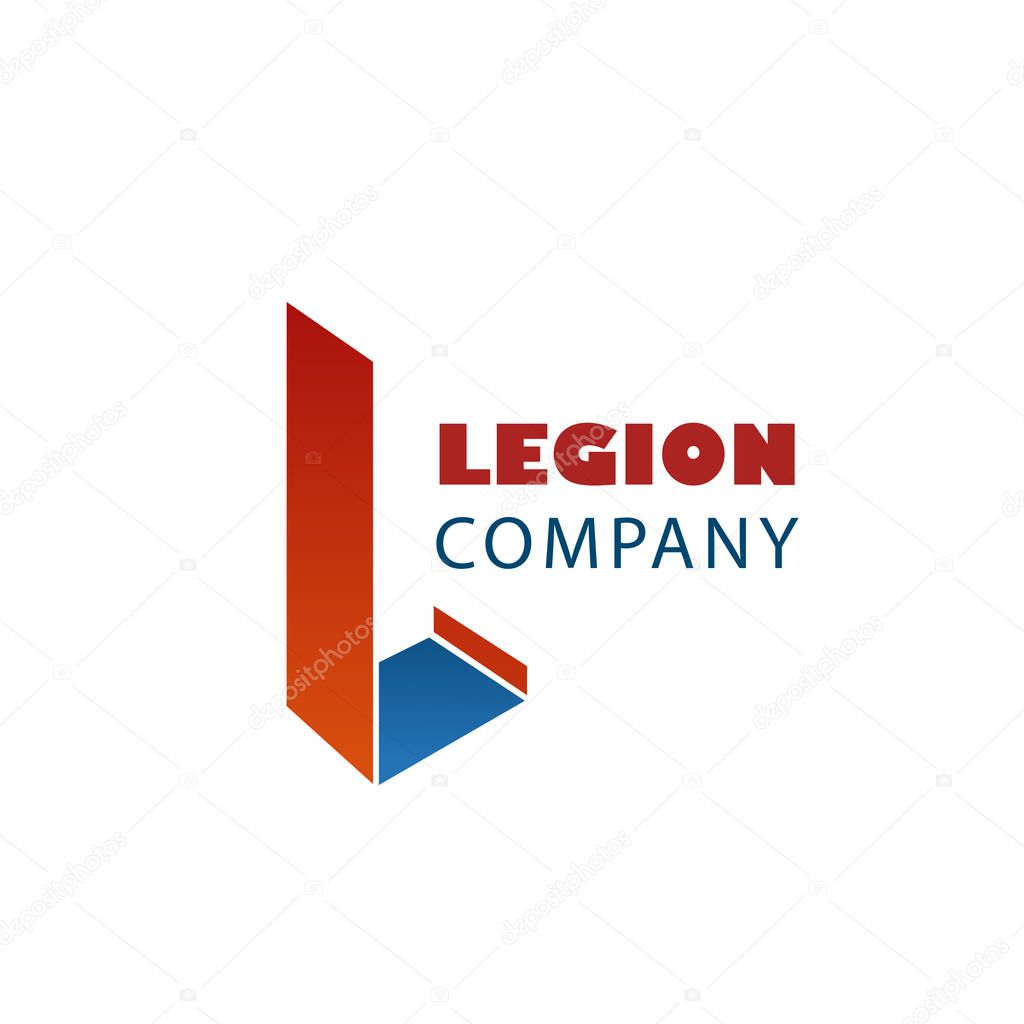 Legion company abstract vector sign. Vector emblem for any company with letter L. Creative badge in red and blue colors. Icon for security agency or guard service company