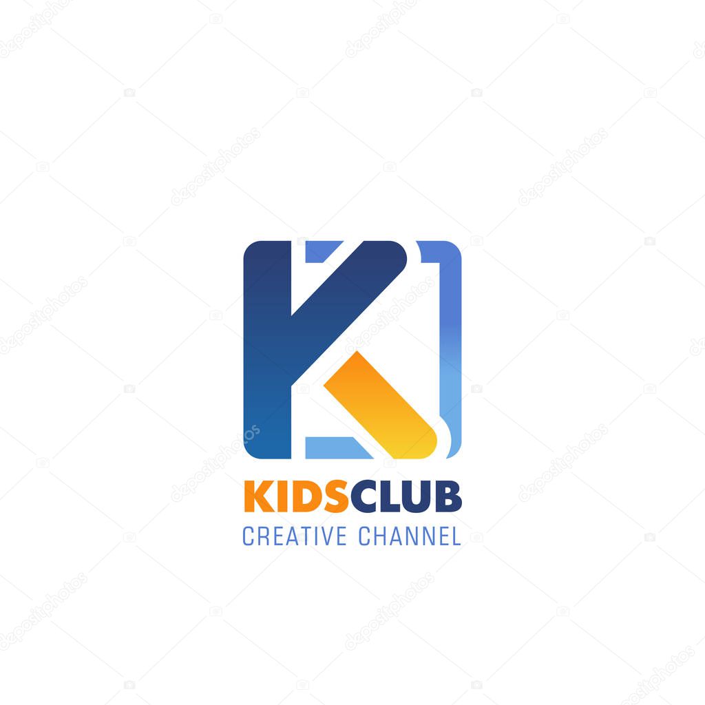 Kids club creative channel vector sign. Blue and yellow creative sign for children entertainment place. Playing center for kids concept. Abstract design for children camp