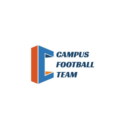 Kampüs futbol takımı vektör işareti. Sportif tasarım, futbol takımı amblemi. Modern spor işareti mavi ve turuncu renklerde. Futbol vektör amblemi spor okulu için. Kavramı futbol ve futbol oyunu