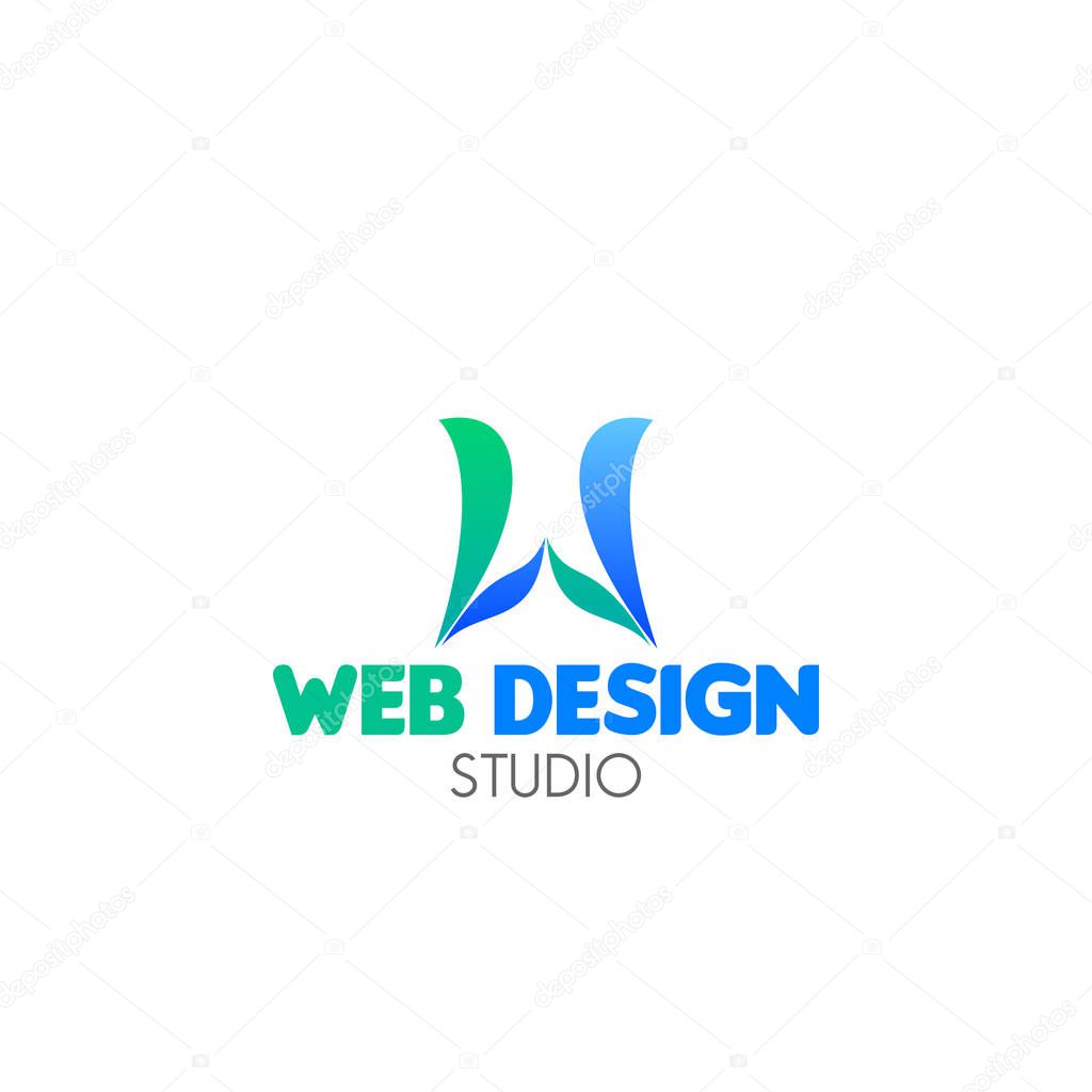 Web design studio vector sign in blue and green colors isolated on a white background. Colorful modern icon for web developing business and creative company. Vector design branding corporate identity.