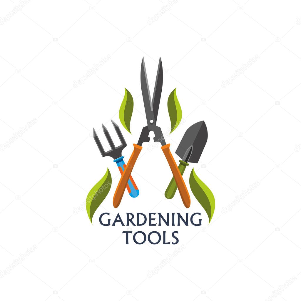 Vector icon with gardening tools. Gardening work tools gardening scissors, shovel and rake or forks. Badge with agricultural tools and green leaves isolated on white background