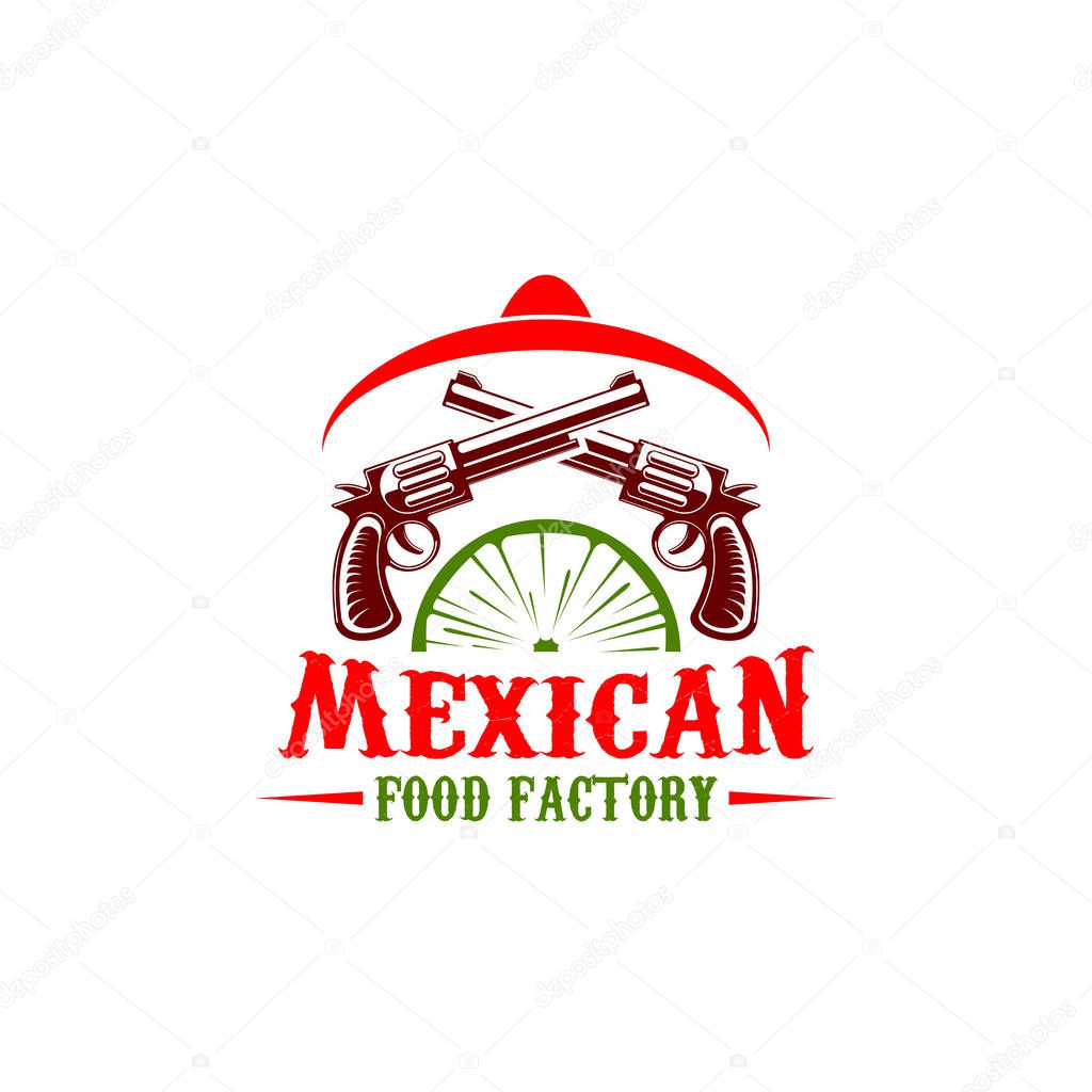 Mexican food factory vector icon. Mexican cuisine sign for restaurant or fast food cafe. Symbol of sombrero hat, revolvers and lime. Colorful badge for mexican food menu, isolated on white background