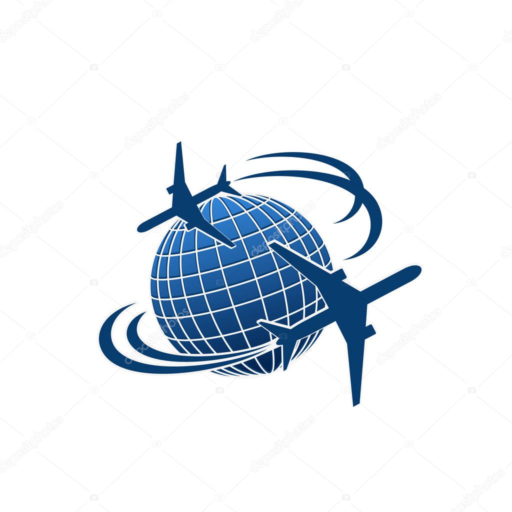 Travel agency or transportation and mail post logistics company icon of airplane flying around world globe. Vector isolated symbol of aircraft jet over blue earth for airlines or tourism