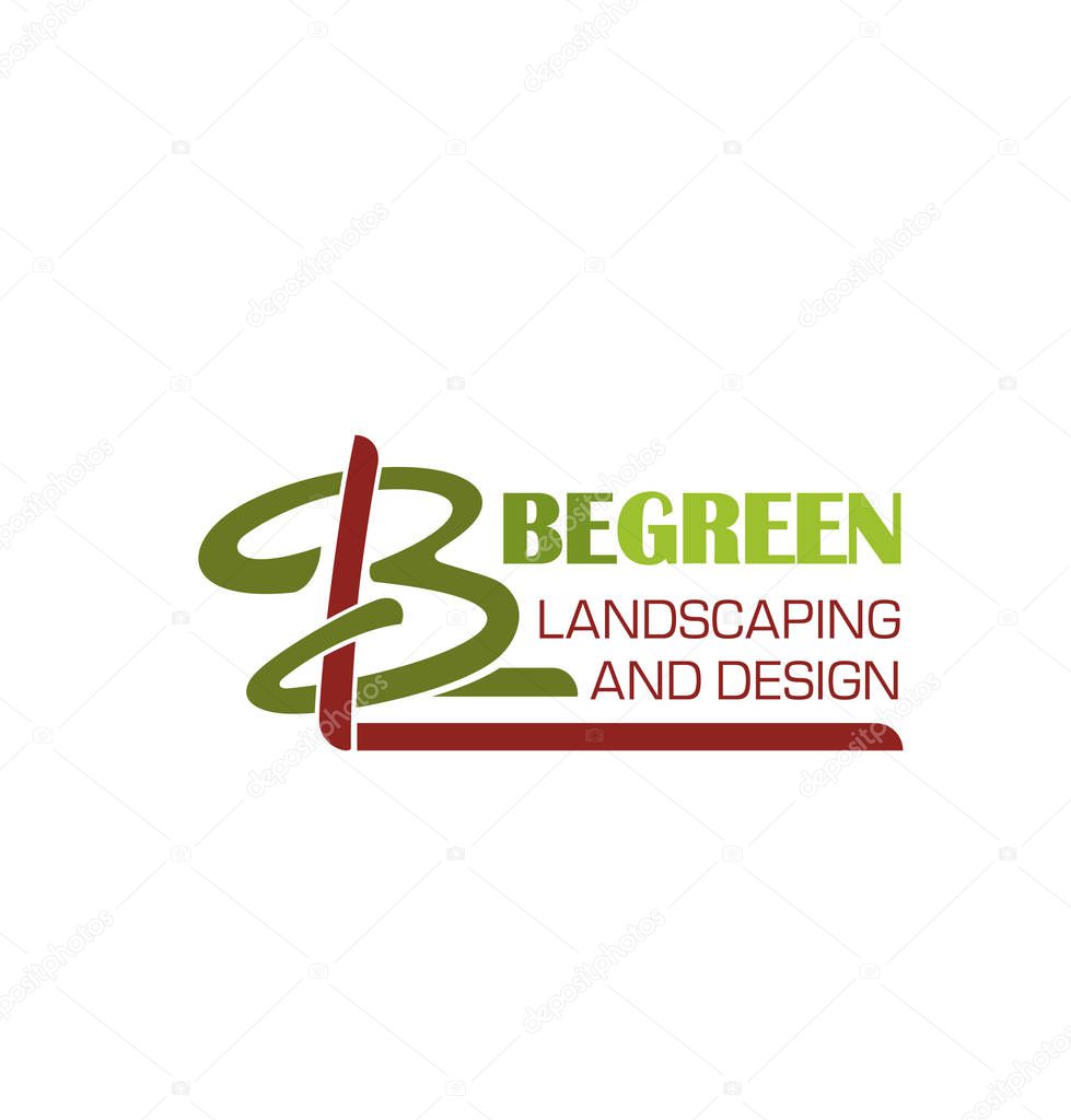 Landscaping and green design letter B icon of tree for landscape designing studio. Vector letter B symbol for horticulture and eco garden landscape build, maintain and design service company