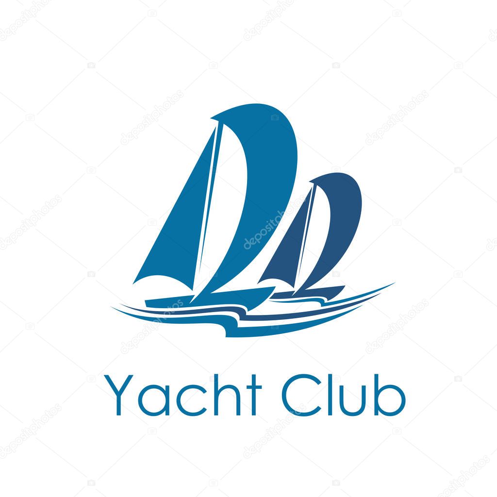 Yacht club icon with blue sailboat. Sailing sport ship and boat under full sail isolated symbol with sea wave. Marine transport or water vessel for sailing race or regatta design