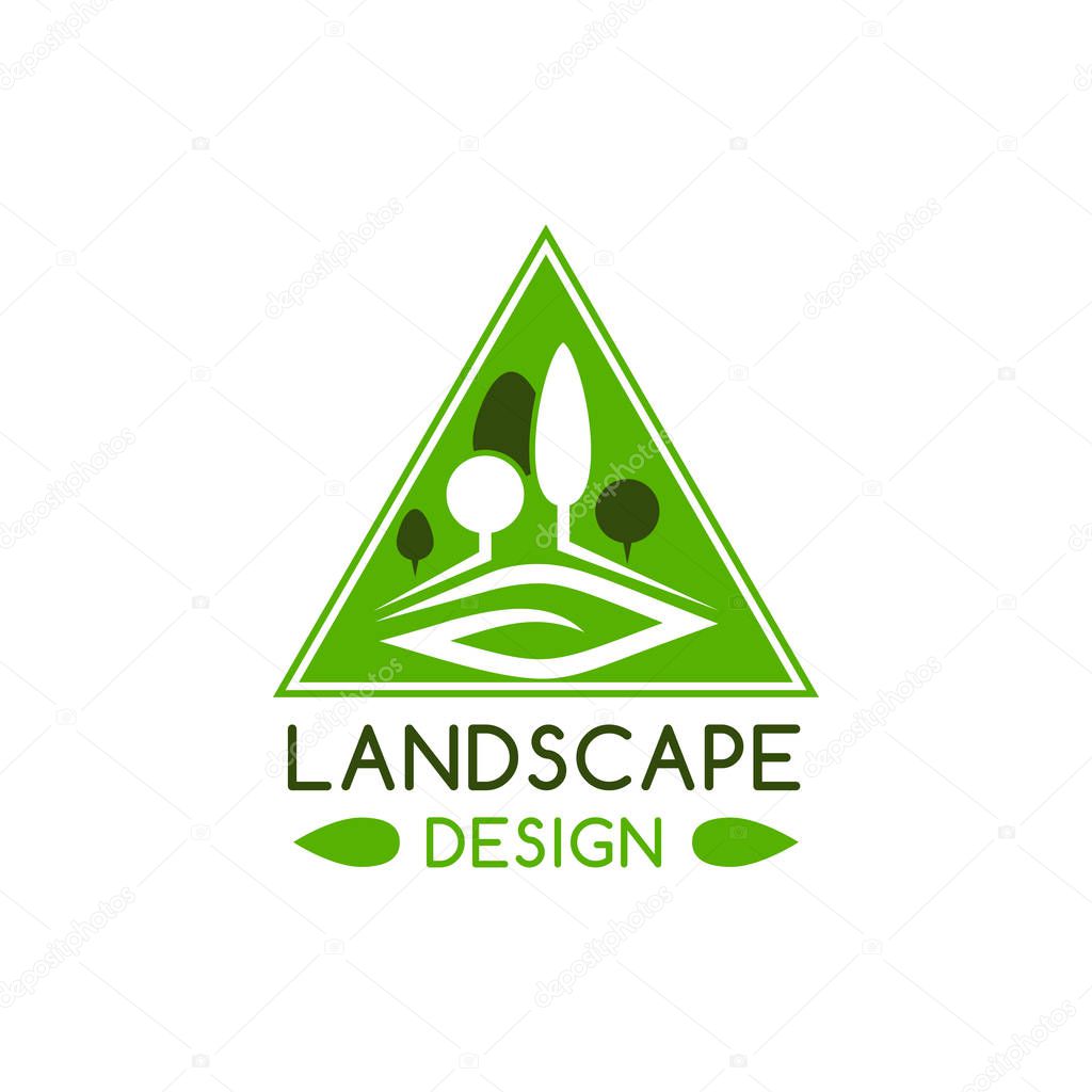 Landscape design badge with ecology nature park tree and green leaf. Summer garden plant for landscaping architecture studio, gardening and lawn care service emblem design