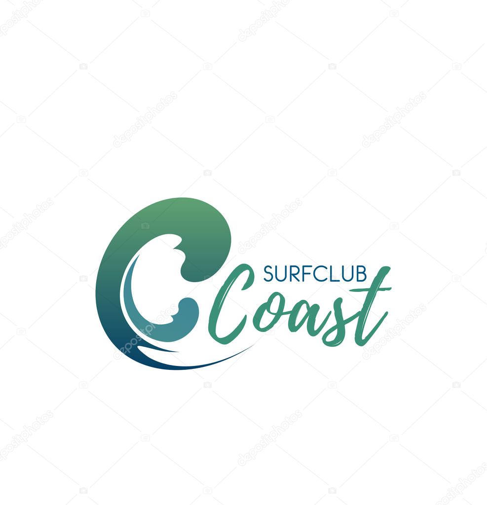 Surf club Coast vector sign. Summer surfing creative badge isolated on white background. Emblem of surf club with sea wave. Surfing concept for print on shirt or design.