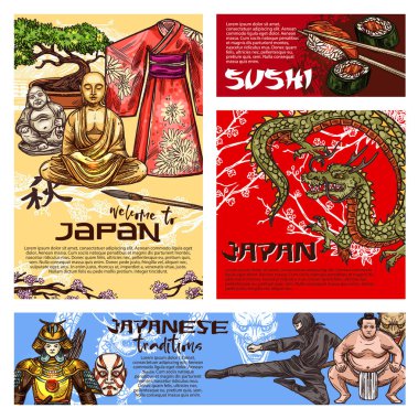 Japanese sushi, dragon, Buddha, samurai sketches vector Japanese sushi, dragon, Buddha, samurai sketches vector