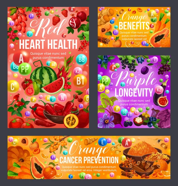 Kolor diety warzywa, owoce, przyprawy. Opieka zdrowotna — Wektor stockowy