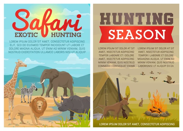 Κυνήγι Σπορ Και Safari Tour Αφίσες Ζώα Του Δάσους Και — Διανυσματικό Αρχείο