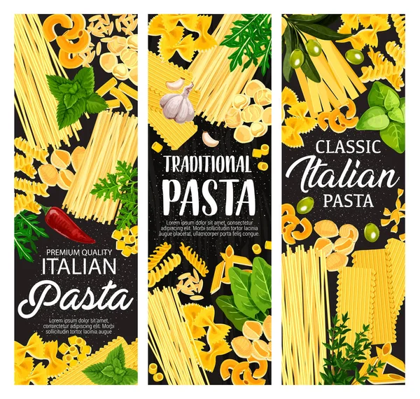 Italian pasta shapes with garlic, basil and olives — Stock Vector