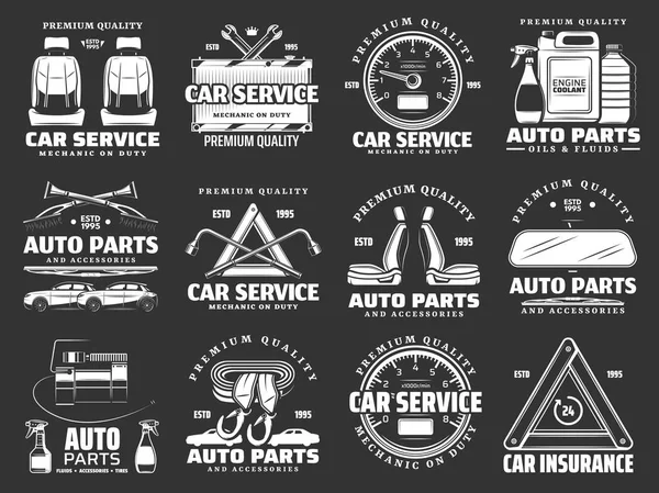 Auto-onderdelen, motorolie en auto sparen details pictogrammen — Stockvector