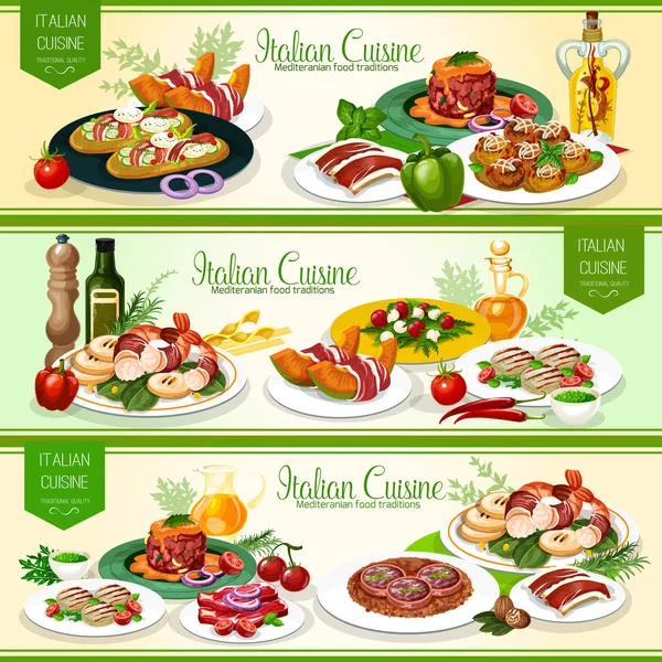 Πιάτα με ιταλική κουζίνα κρέας με λαχανικά, ψωμί — Διανυσματικό Αρχείο