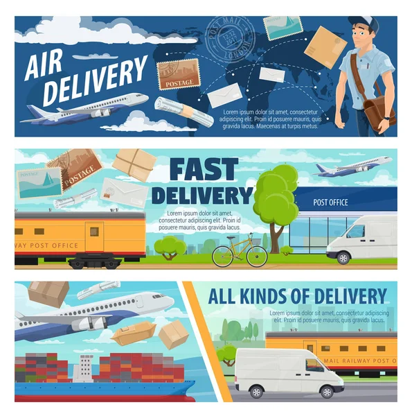 Avión de entrega de correo, camión, tren y barco — Vector de stock