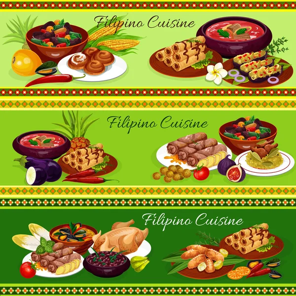 Platos de carne filipina con verduras, postres de frutas — Vector de stock