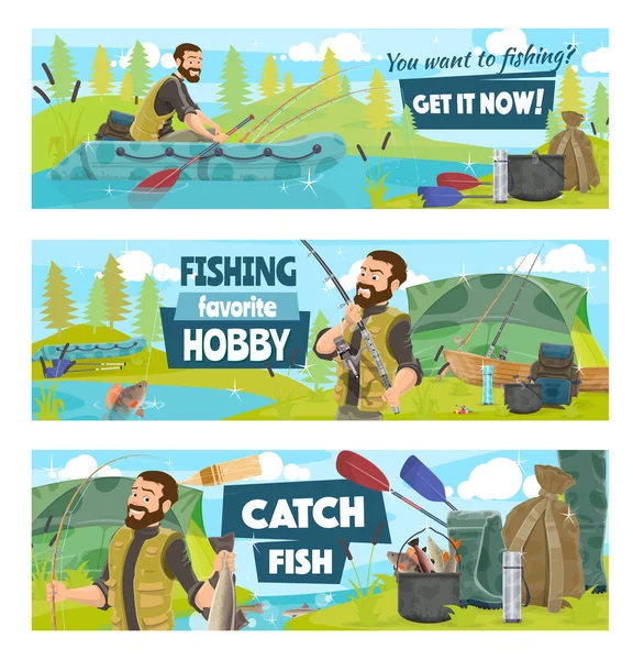 Campamento de pesca, pescador en barco con caña y pescado — Vector de stock