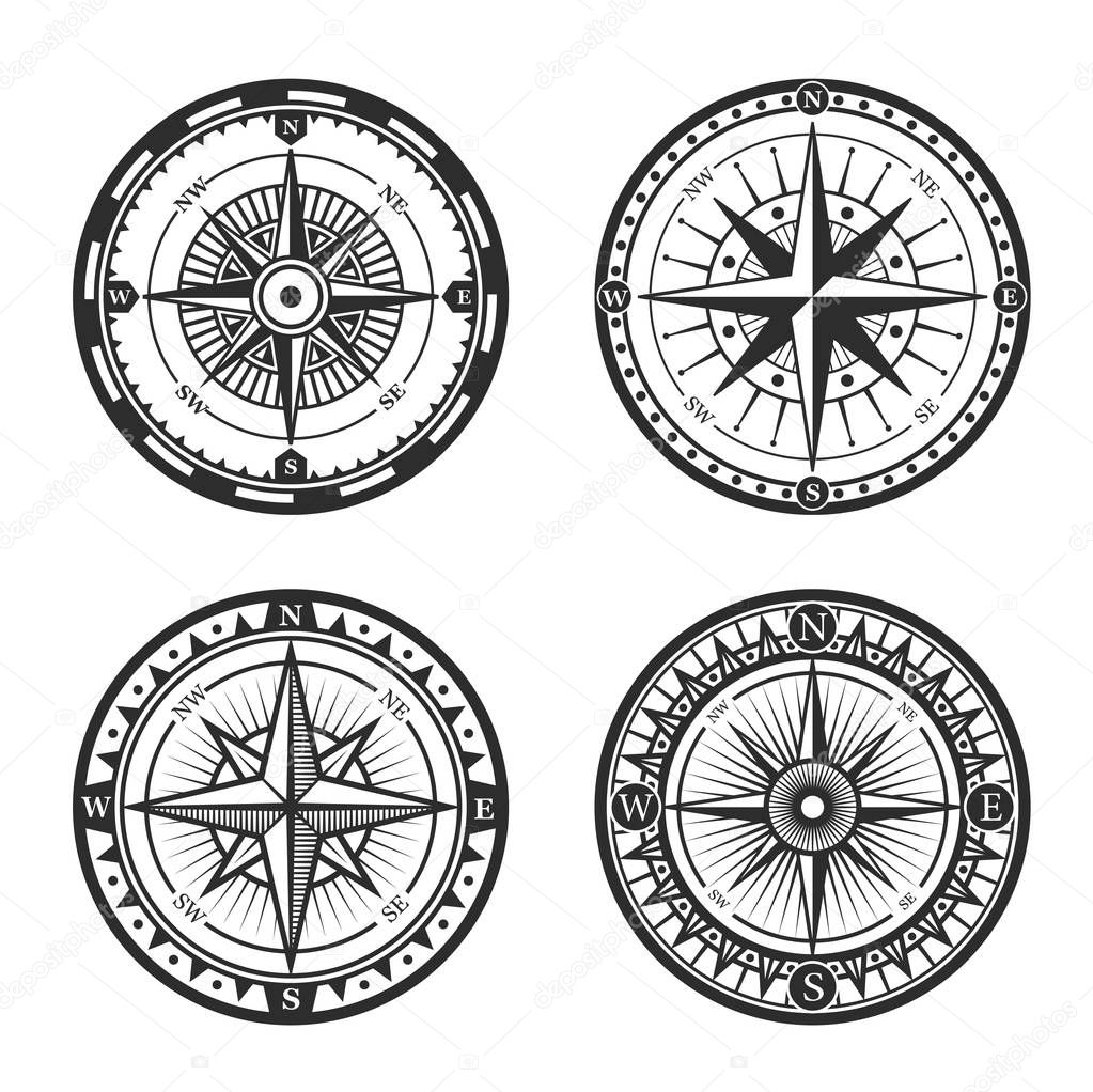 Vintage nautical compass roses or windroses with star shaped map pointers of North, East, South and West wind directions. Marine navigation, navy heraldry and sea travel vector signs design