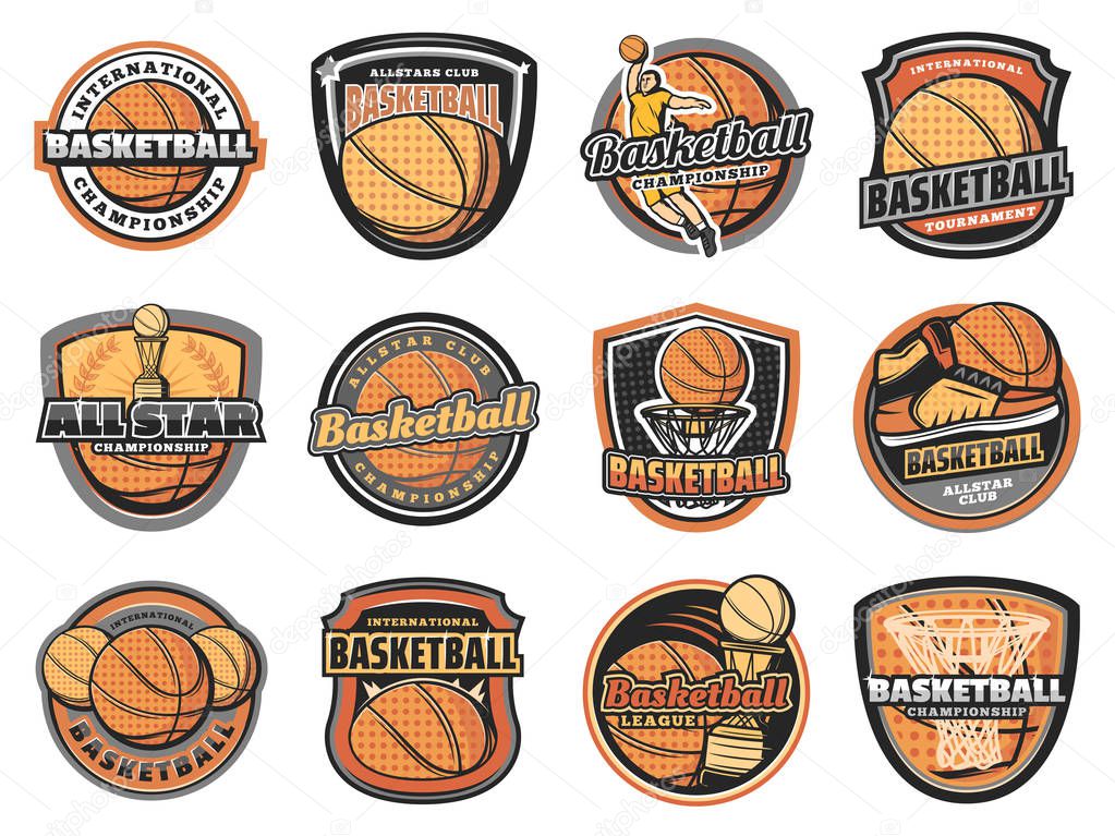 Basketball sport game vector icons with halftone orange balls, basket hoop and team player, winner trophy cup and sneakers. Basketball club, championship tournament or sport league symbols design