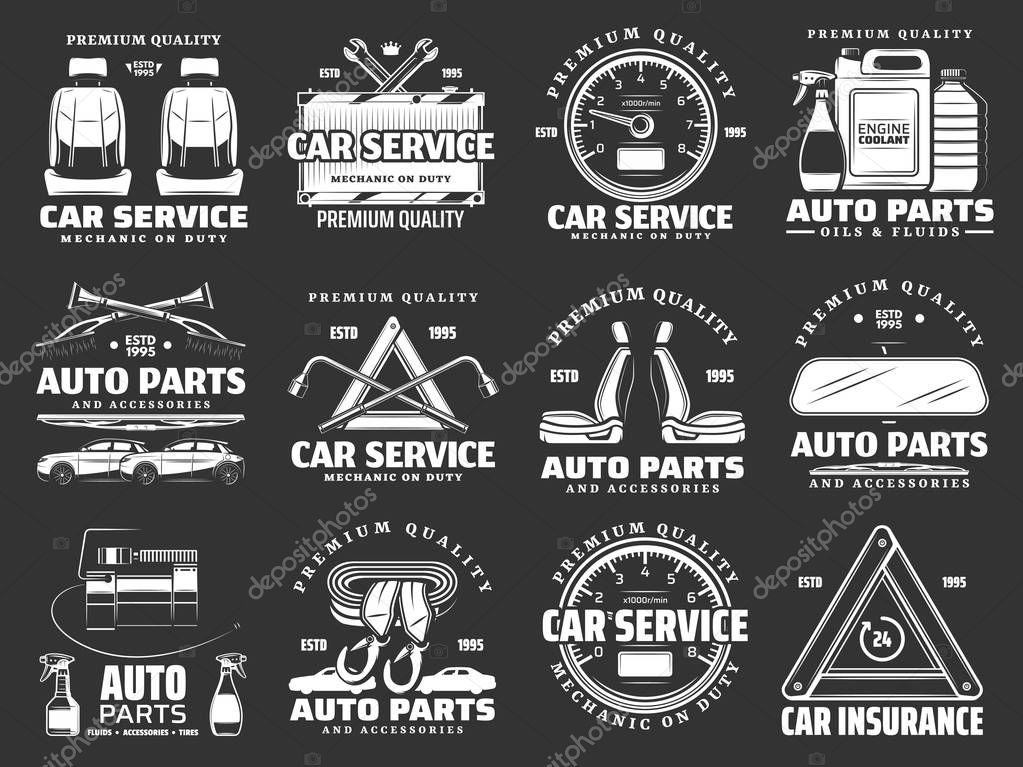 Auto parts and car accessories icons of car repair service and auto mechanic garage. Motor oil, tire, spanner or wrench, car seats, wiper and mirror, speedometer and filter badges or emblems vector