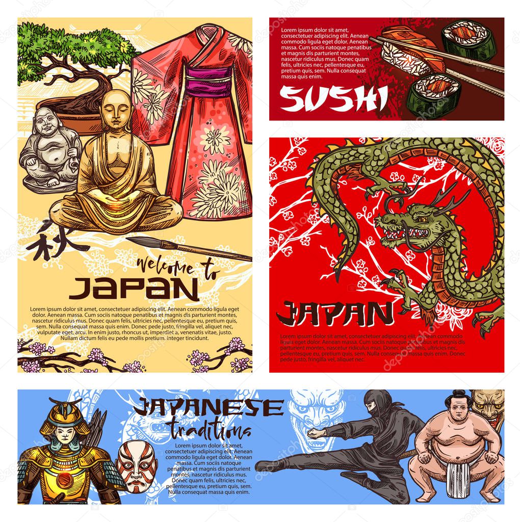 Japanese sushi, dragon, Buddha, samurai sketches