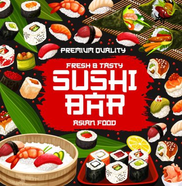 Suşi rulo, temaki ve nigiri pirinç ve balık ile