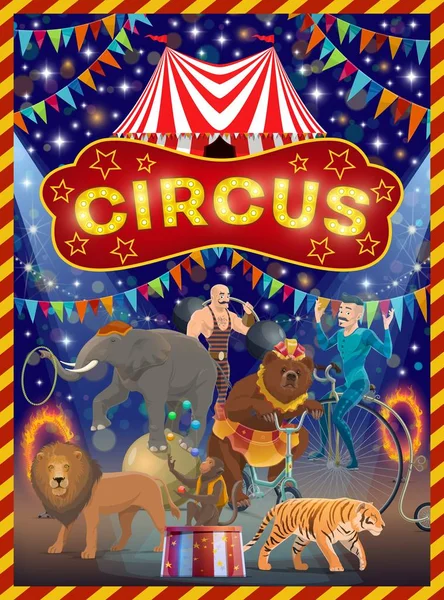 Animaux, acrobates et hommes forts sur la scène du cirque — Image vectorielle