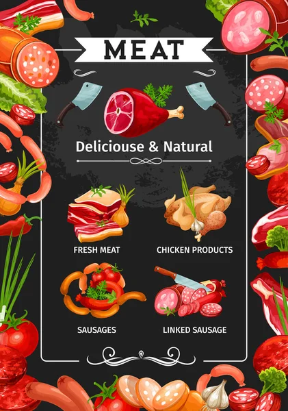 Embutidos de carne, salami y tocino, jamón y pollo — Vector de stock