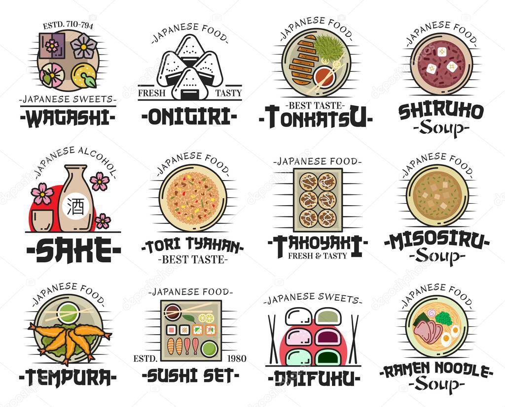 Japanese food icons with thin line dishes of sushi, roll, nigiri and onigiri. Vector ramen noodle soup, tempura shrimp and sake, wagashi candy, fried pork tonkatsu, bean dessert soup and rice tyahan