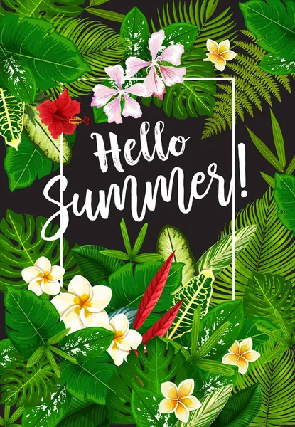 Hola cartel de verano con plantas tropicales — Vector de stock