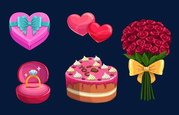 Saint Valentin amour cadeaux de vacances, cœurs, gâteau — Image vectorielle