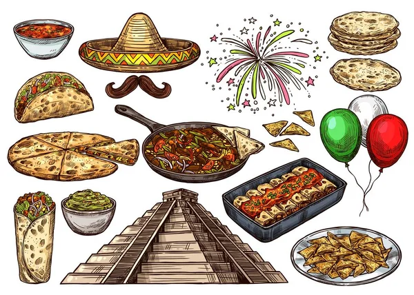 Cinco de Mayo Mexicaanse vakantie schets voedsel — Stockvector