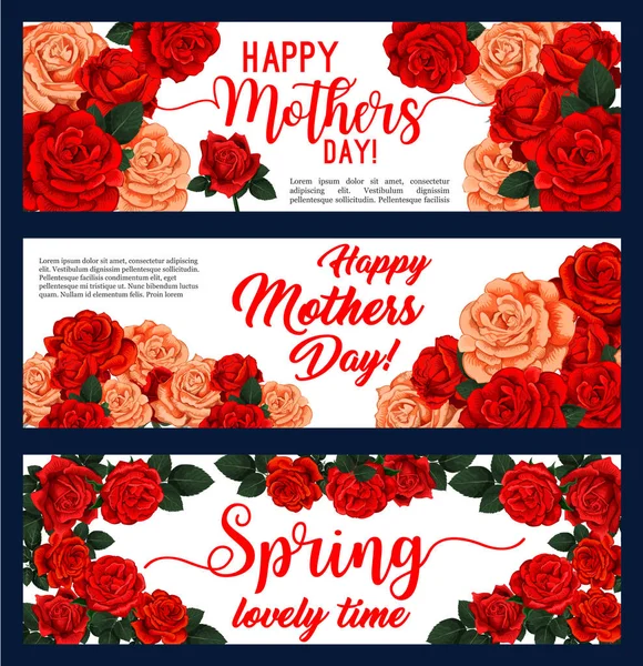 Banner Feliz Día de la Madre con marco de flor de rosa — Vector de stock