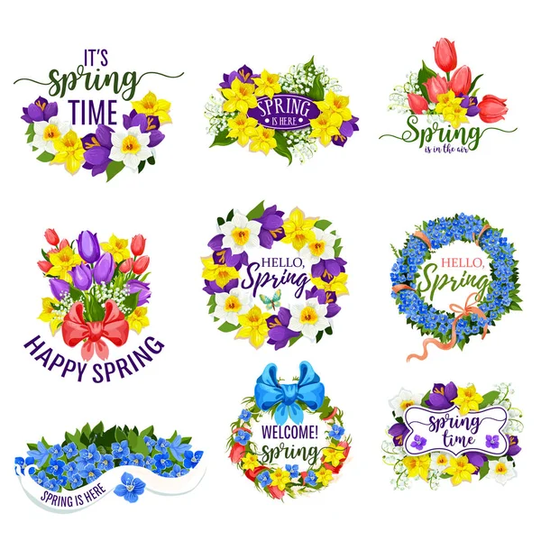 Couronne de fleurs de printemps et bouquets floraux vectoriels — Image vectorielle