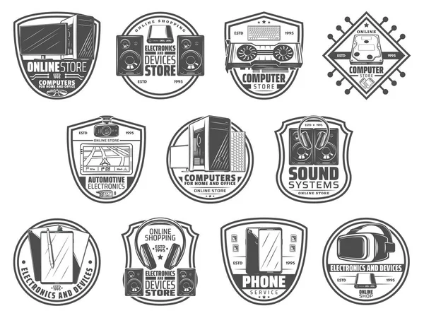 Gadgets y dispositivos iconos retro para la tienda de computadoras — Archivo Imágenes Vectoriales