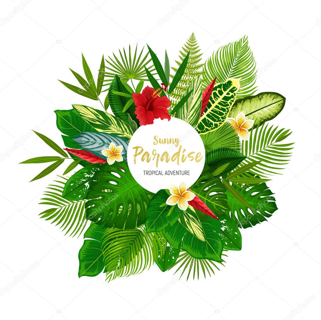 Tropical palm leaves and summer flowers