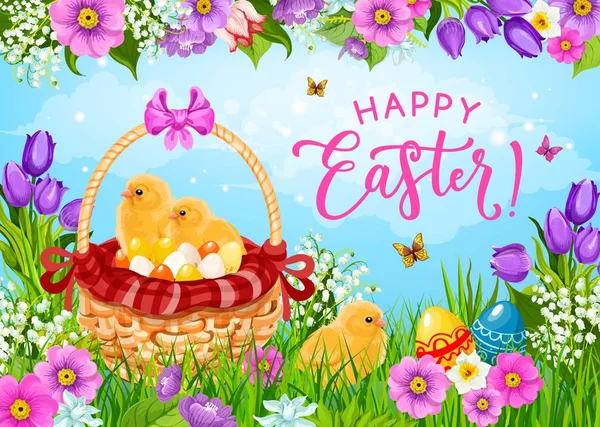 Ovos de Páscoa, pintos e flores em cesta — Vetor de Stock