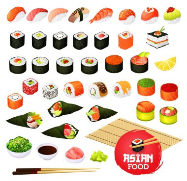 Suşi ve rulo, gunkan, temaki ve Inari, ikura