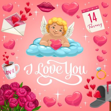 Cupid with heart on cloud. Valentines Day card