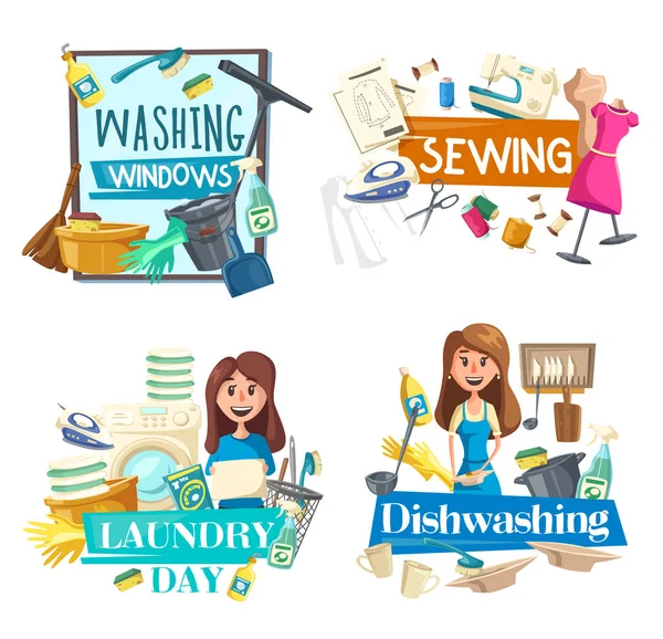 Πλύσιμο στο παράθυρο, καθαρισμός, ράψιμο, υπηρεσία πλυντηρίου — Διανυσματικό Αρχείο