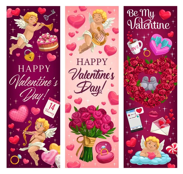 Valentin-nap szerelem ünnep szívét, Cupids, virág — Stock Vector