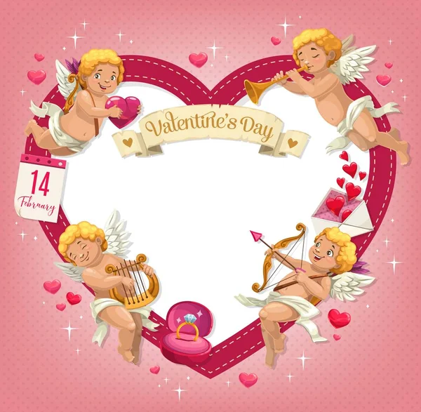 Corazón de San Valentín con Cupidos. Vacaciones de amor — Vector de stock
