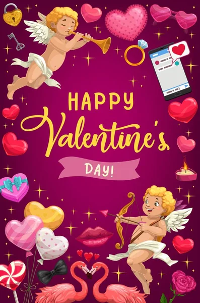Valentines Day hearts, gifts, Cupids. Love holiday — Stockvector