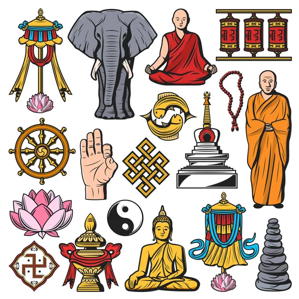 Budismo religião vetor símbolos isolados — Vetor de Stock